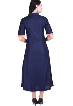 Plain Art Silk A Line Dress in Navy Blue