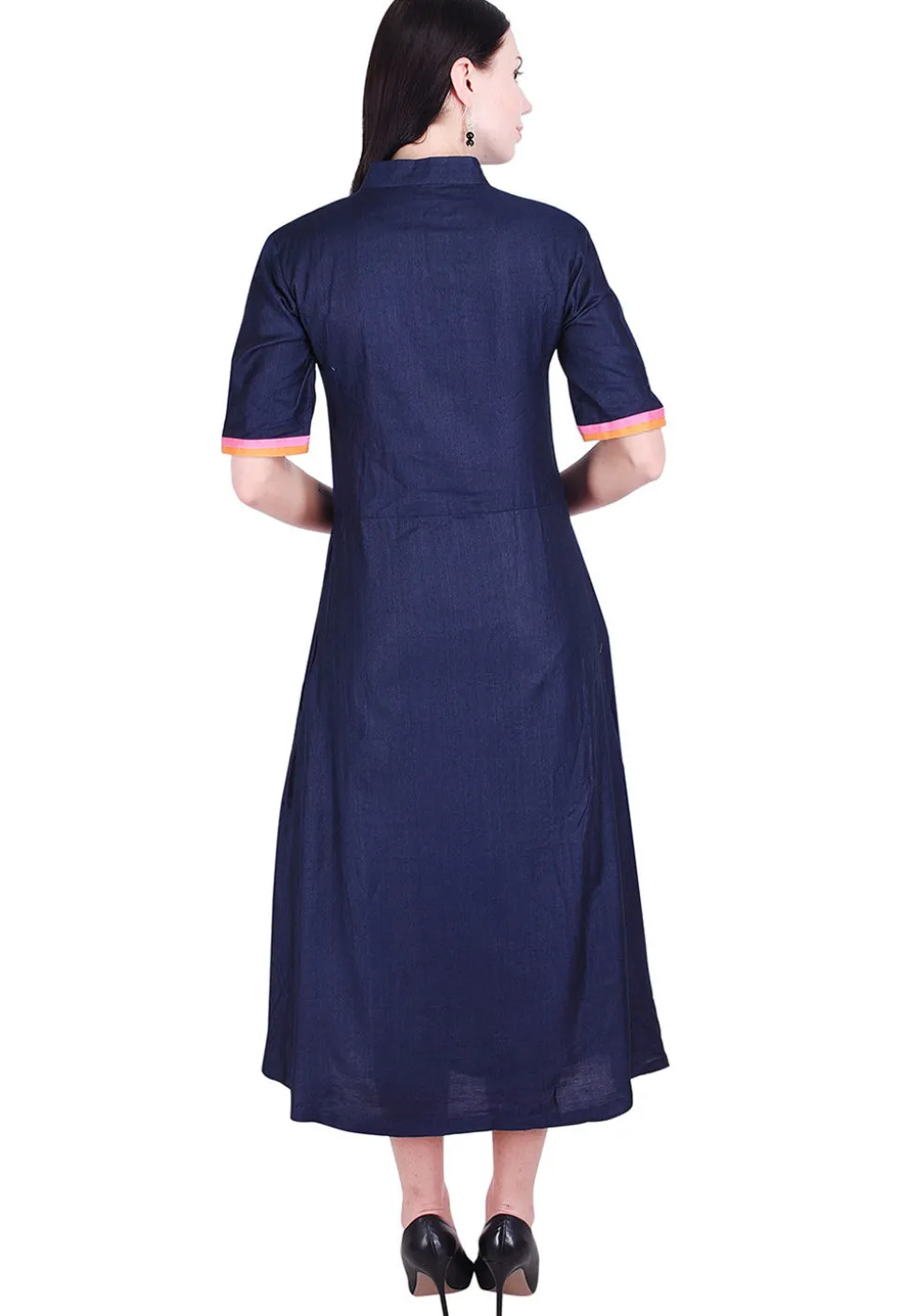 Plain Art Silk A Line Dress in Navy Blue