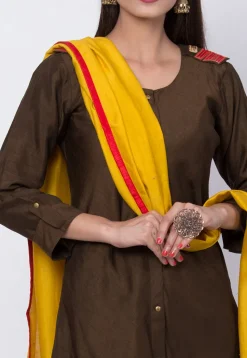 Plain Art Silk A Line Suit in Dark Brown
