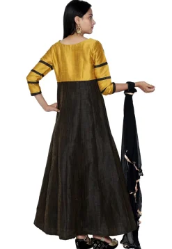 Plain Art Silk Abaya Style Suit in Black and Mustard