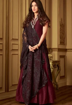 Plain Art Silk Abaya Style Suit in Maroon