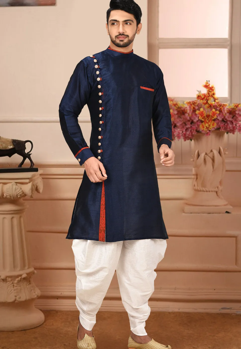 Plain Art Silk Dhoti Kurta in Navy Blue