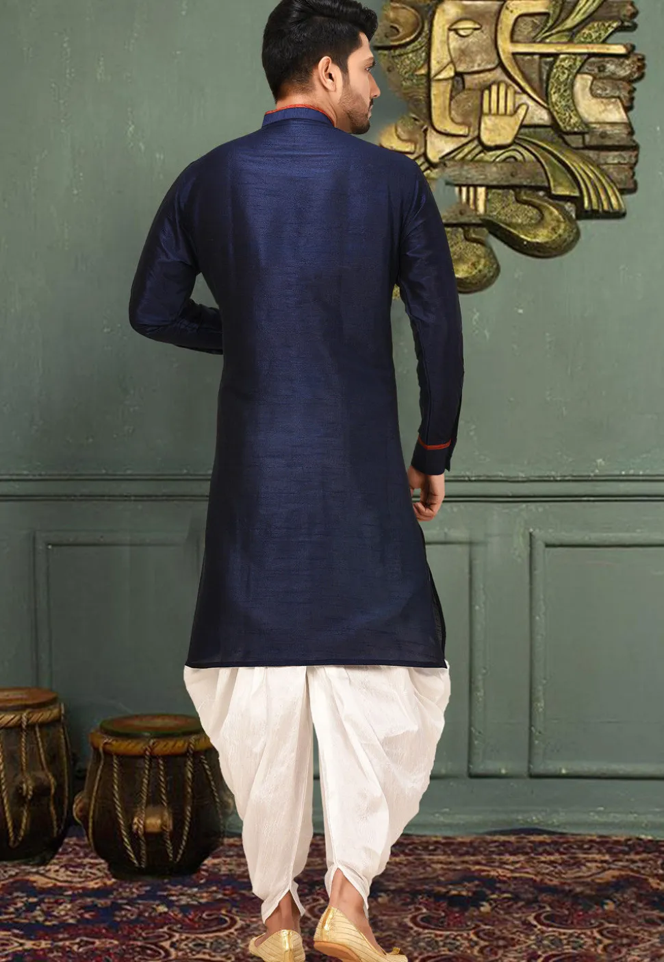 Plain Art Silk Dhoti Kurta in Navy Blue