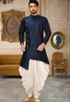 Plain Art Silk Dhoti Kurta in Navy Blue