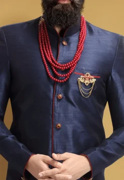 Plain Art Silk Dhoti Sherwani in Navy Blue
