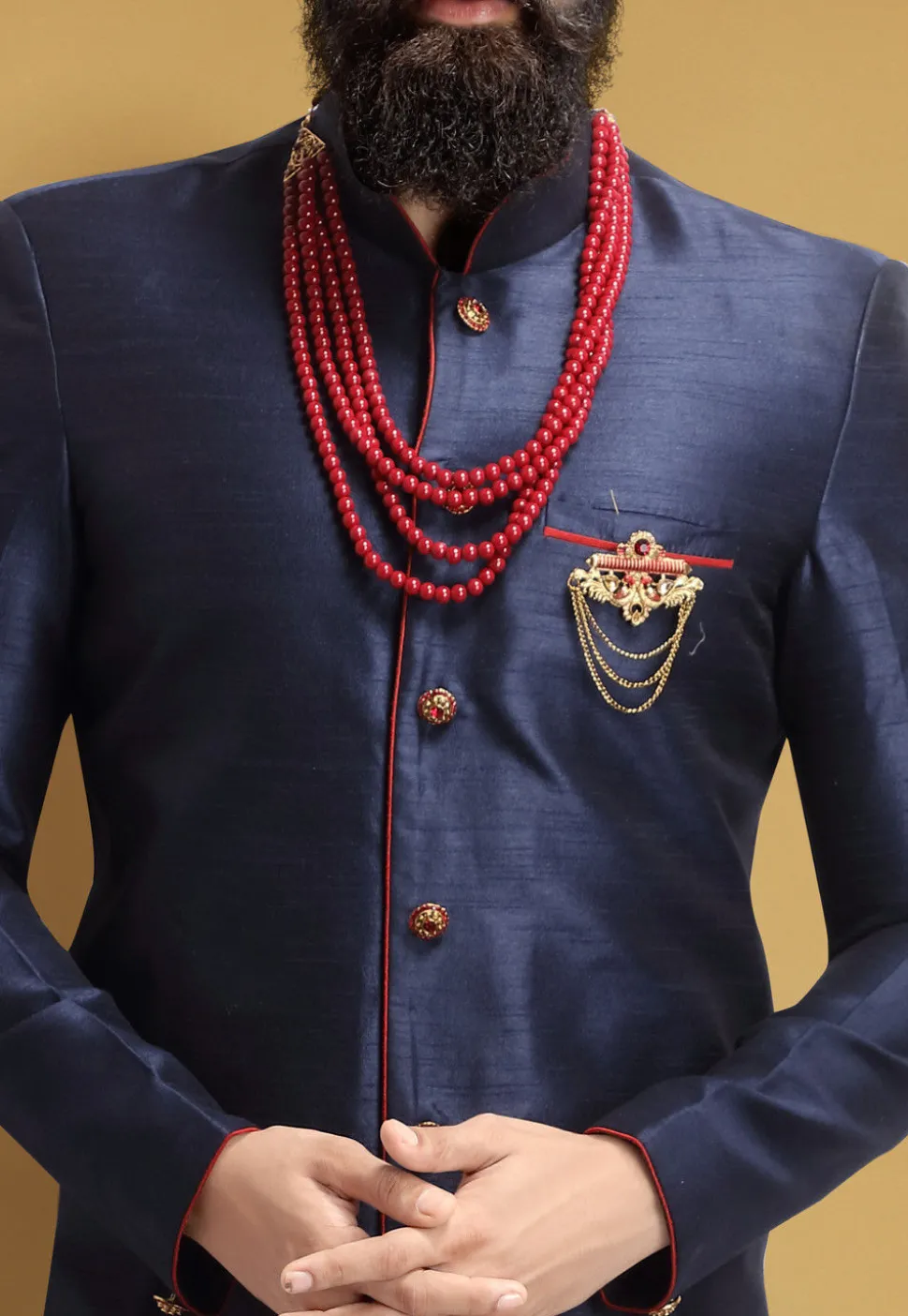 Plain Art Silk Dhoti Sherwani in Navy Blue