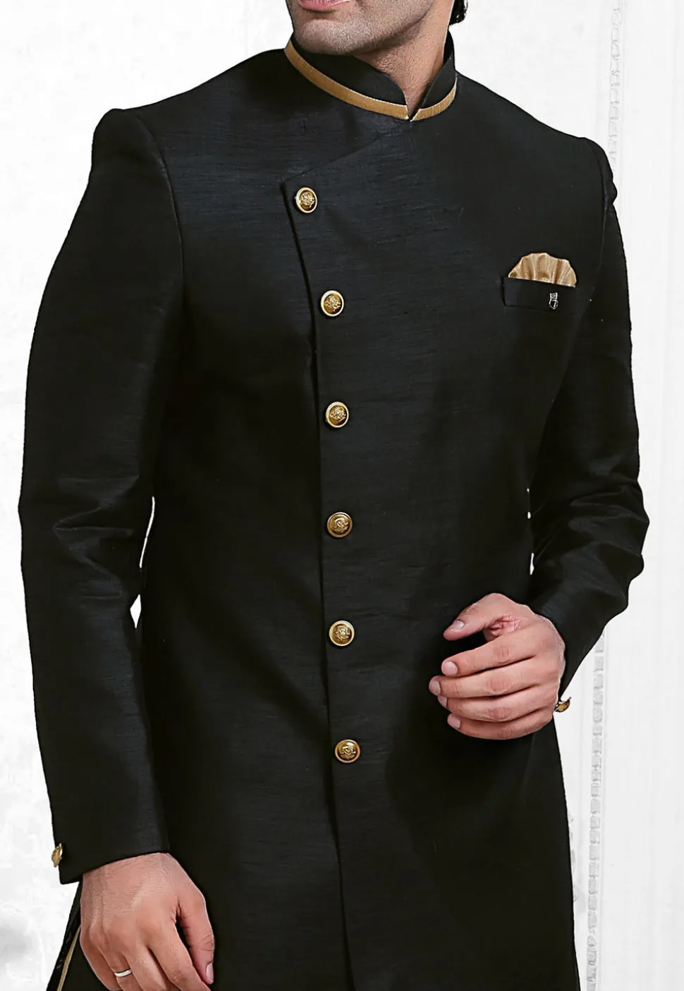 Plain Art Silk Dhoti Sherwani in Black