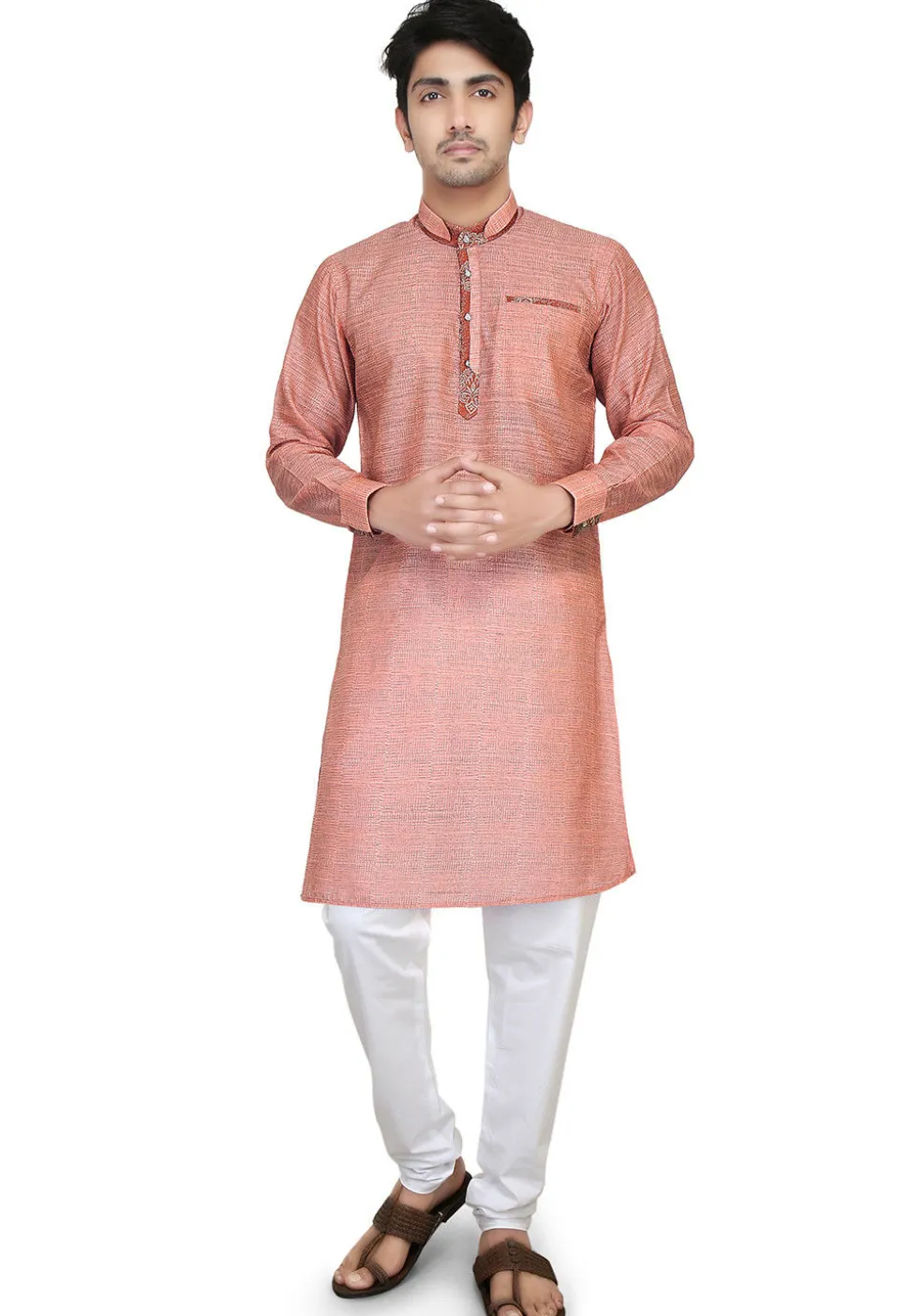 Plain Art Silk Jacquard Kurta Set in Peach