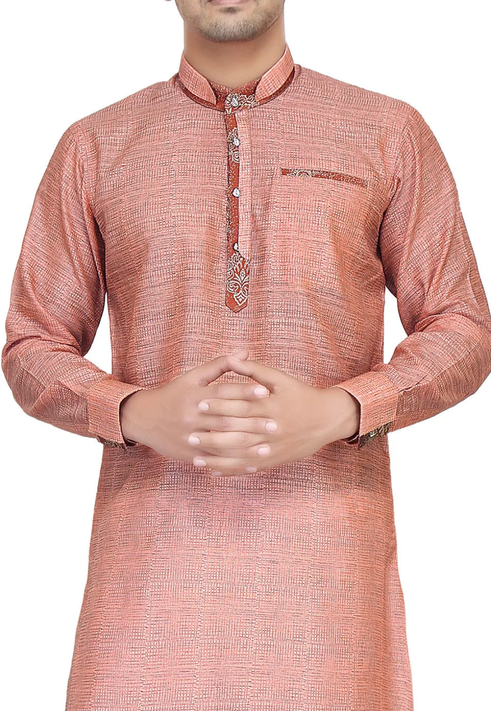 Plain Art Silk Jacquard Kurta Set in Peach