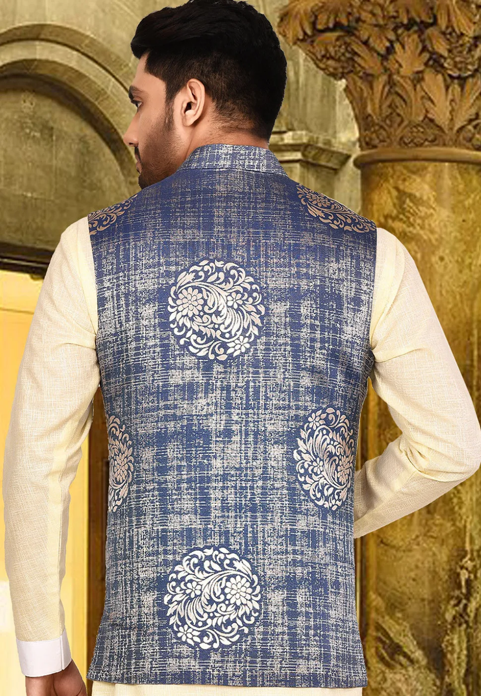 Plain Art Silk Jacquard Nehru Jacket in Light Blue