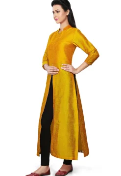 Plain Art Silk Kurta in Yellow