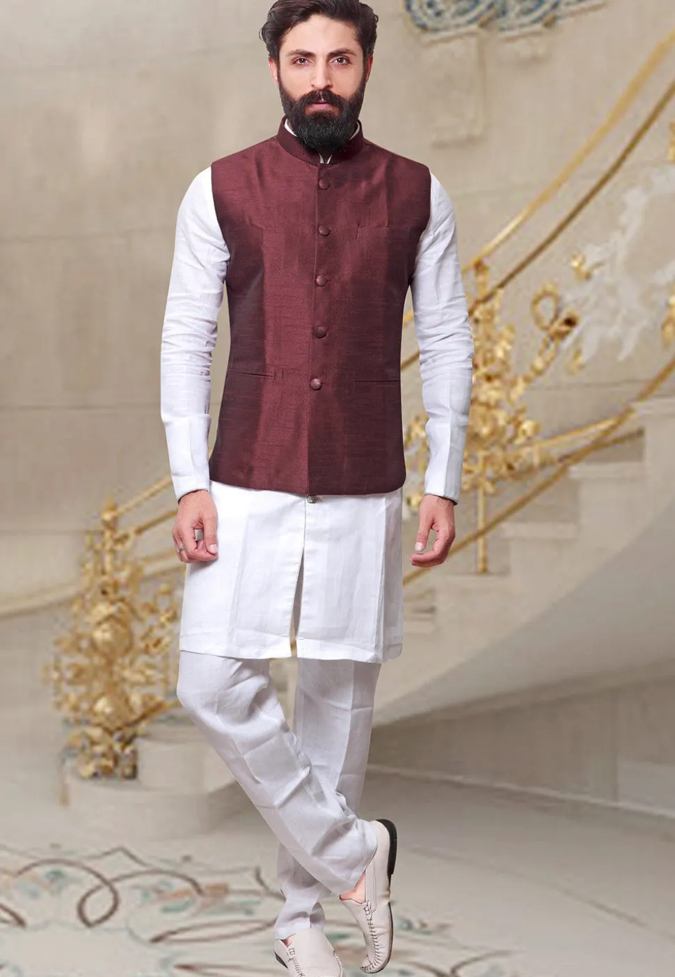 Plain Art Silk Nehru Jacket in Dark Maroon