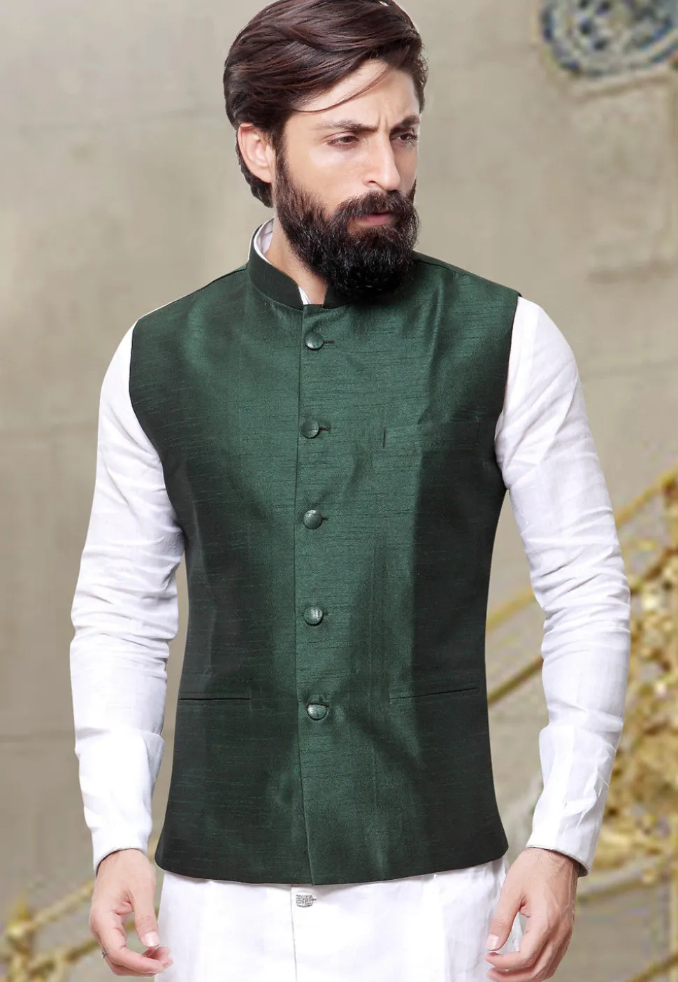 Plain Art Silk Nehru Jacket in Dark Green