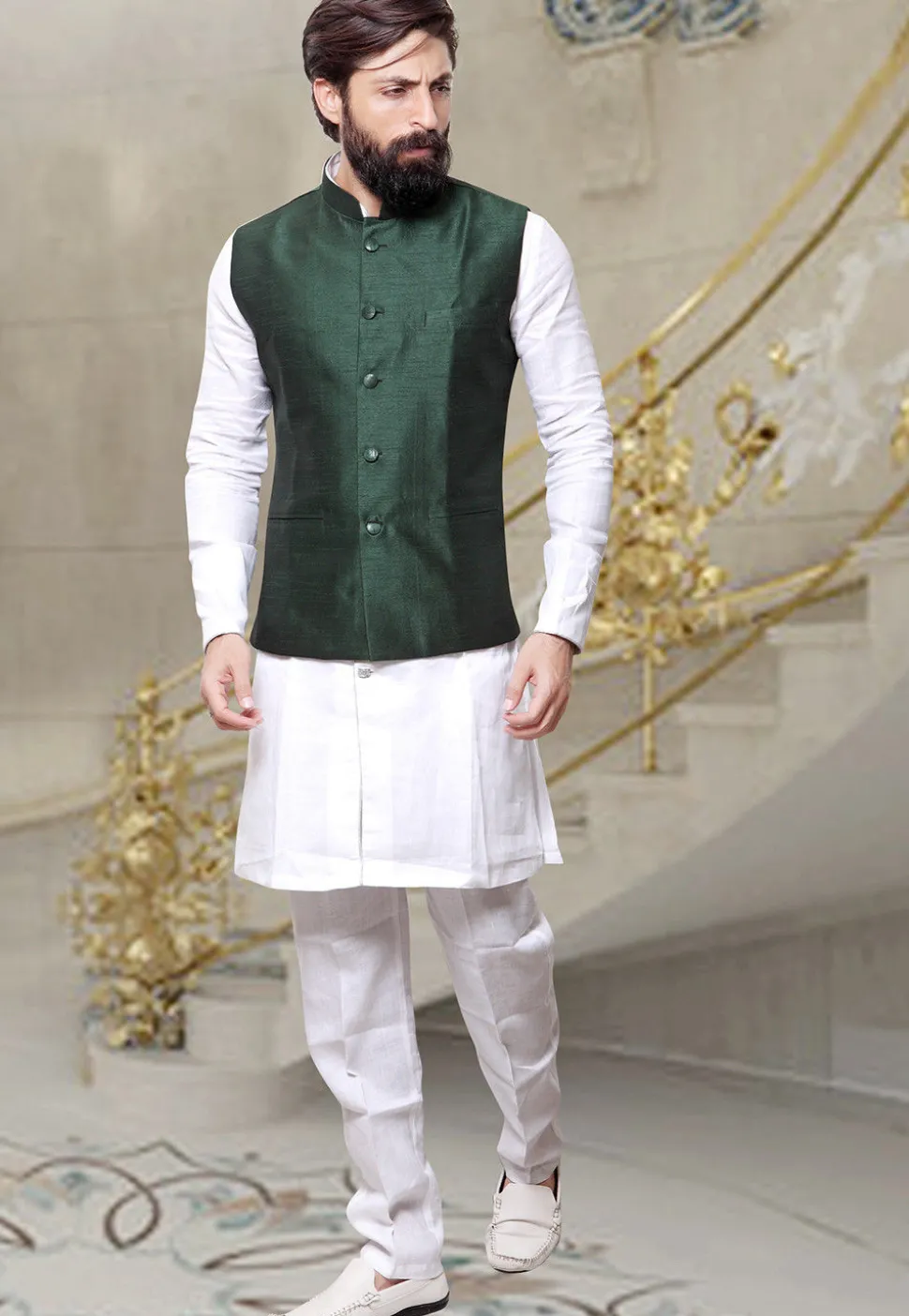 Plain Art Silk Nehru Jacket in Dark Green
