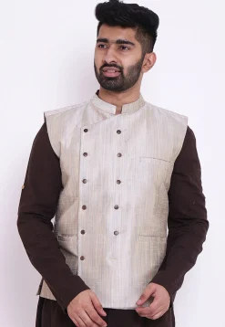 Plain Art Silk Nehru Jacket in Off White