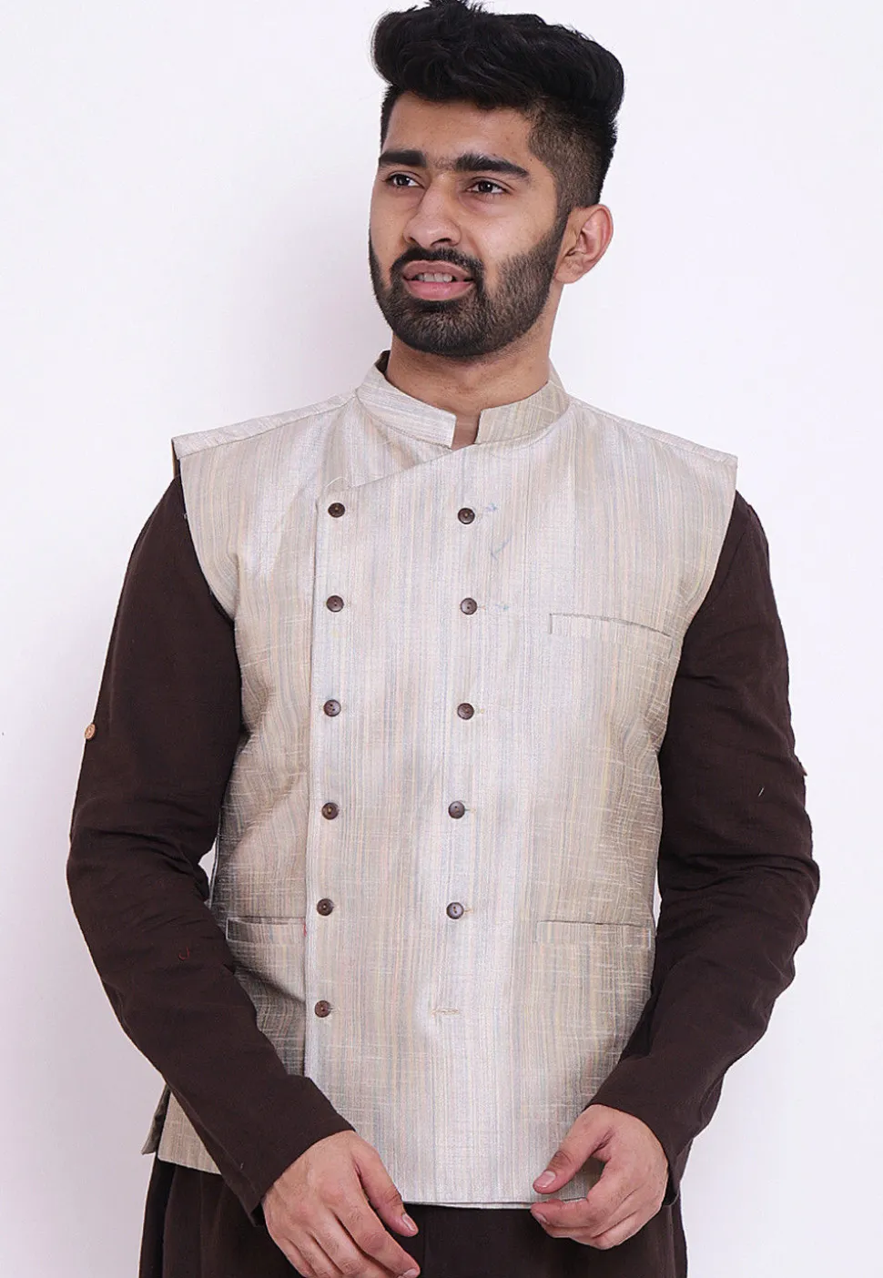 Plain Art Silk Nehru Jacket in Off White