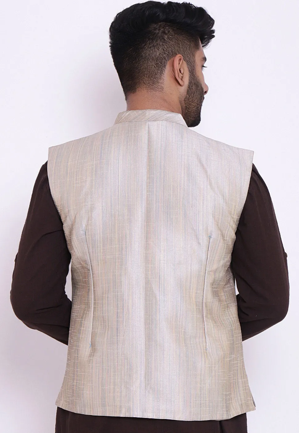 Plain Art Silk Nehru Jacket in Off White
