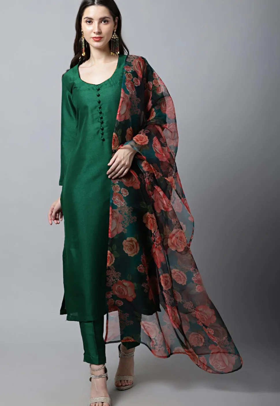Plain Art Silk Pakistani Suit in Dark Green