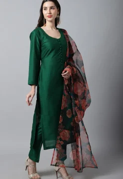 Plain Art Silk Pakistani Suit in Dark Green