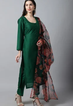 Plain Art Silk Pakistani Suit in Dark Green