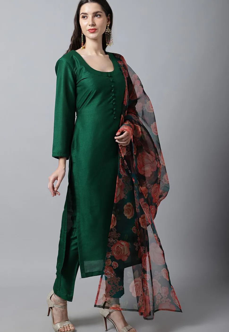 Plain Art Silk Pakistani Suit in Dark Green