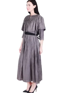 Plain Art Silk Pleated Dress in Grey
