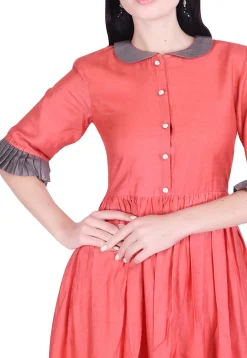 Plain Art Silk Pleated Dress in Dark Peach