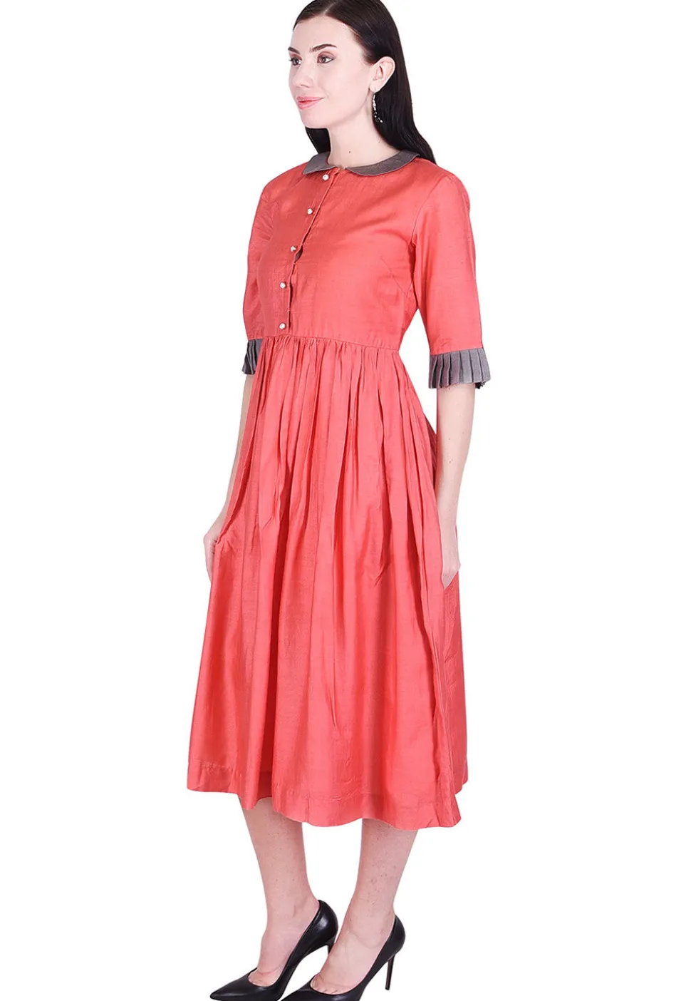 Plain Art Silk Pleated Dress in Dark Peach