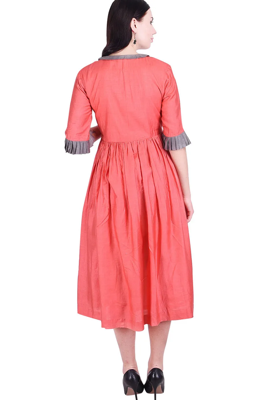 Plain Art Silk Pleated Dress in Dark Peach