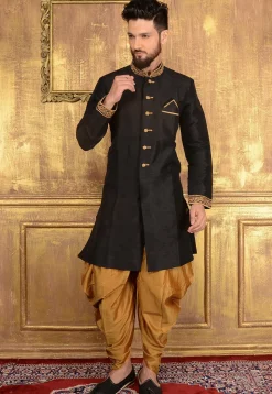 Plain Art Silk Sherwani in Black
