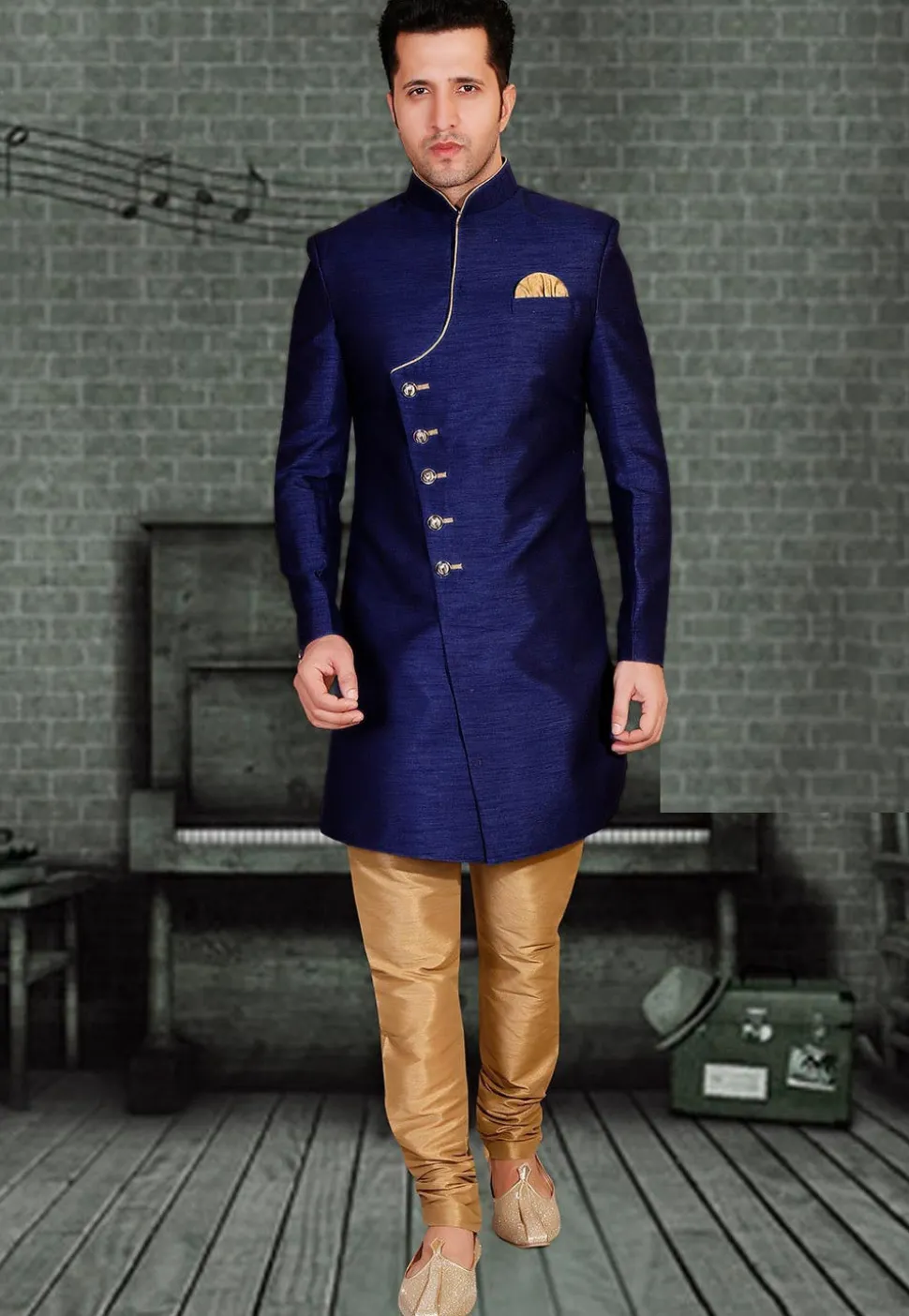 Plain Art Silk Sherwani in Blue