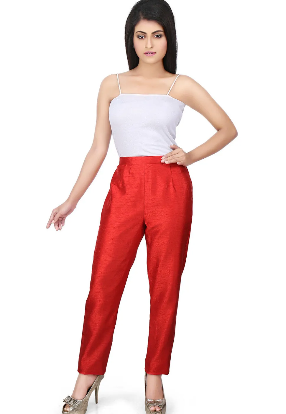 Plain Art Silk Straight Pant in Red