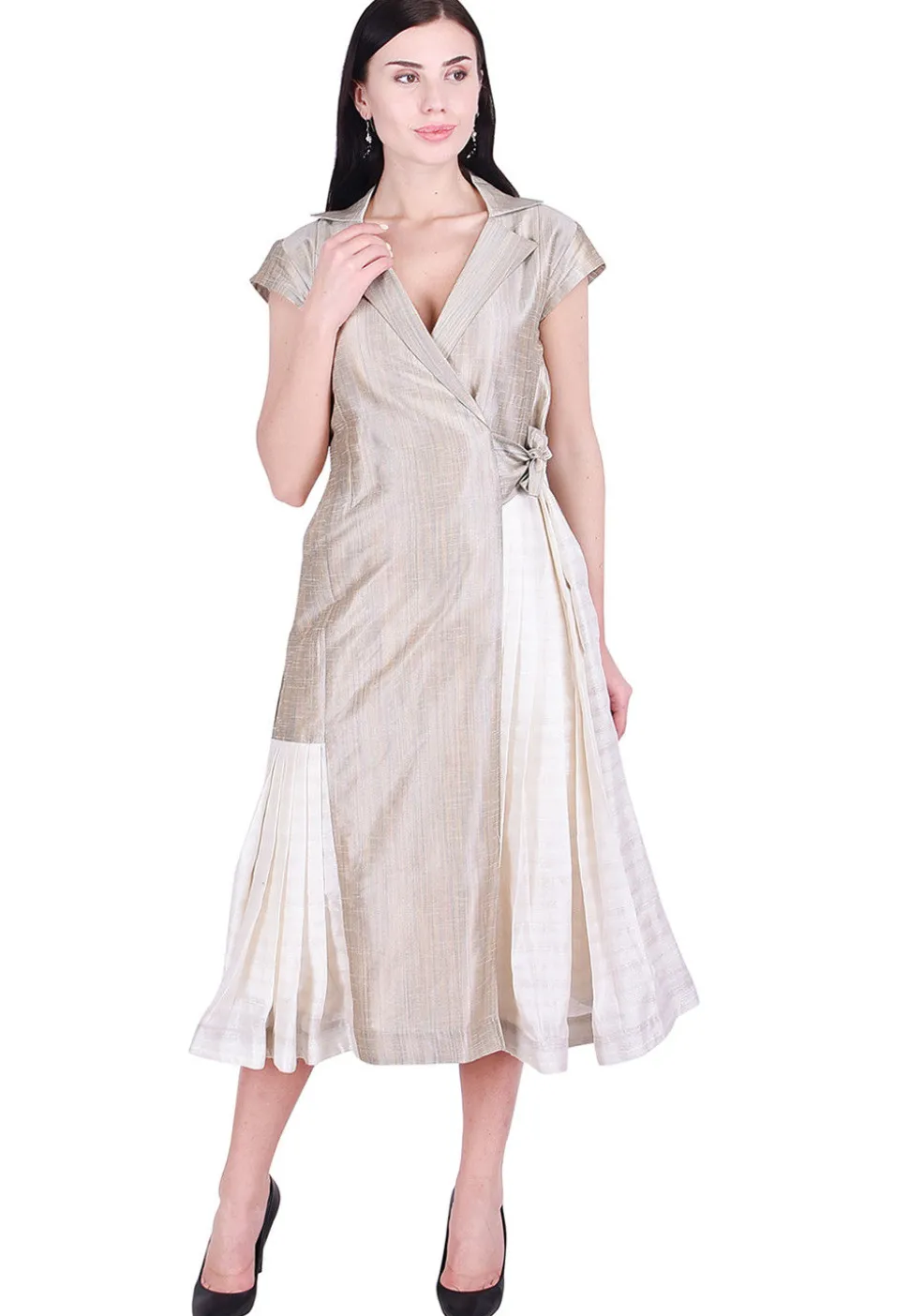 Plain Art Silk Wrap Around Dress in Fawn