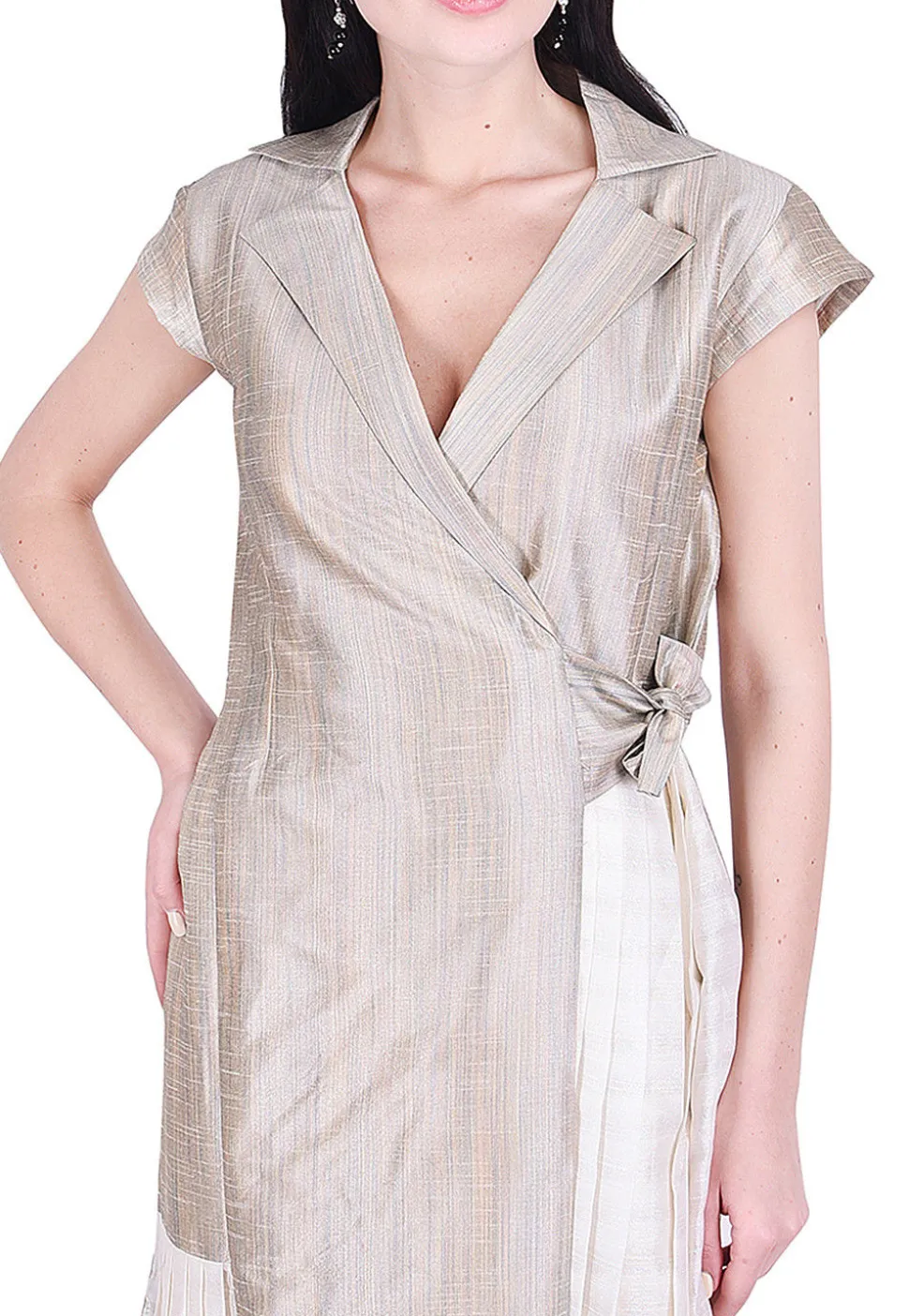 Plain Art Silk Wrap Around Dress in Fawn