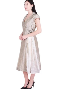 Plain Art Silk Wrap Around Dress in Fawn