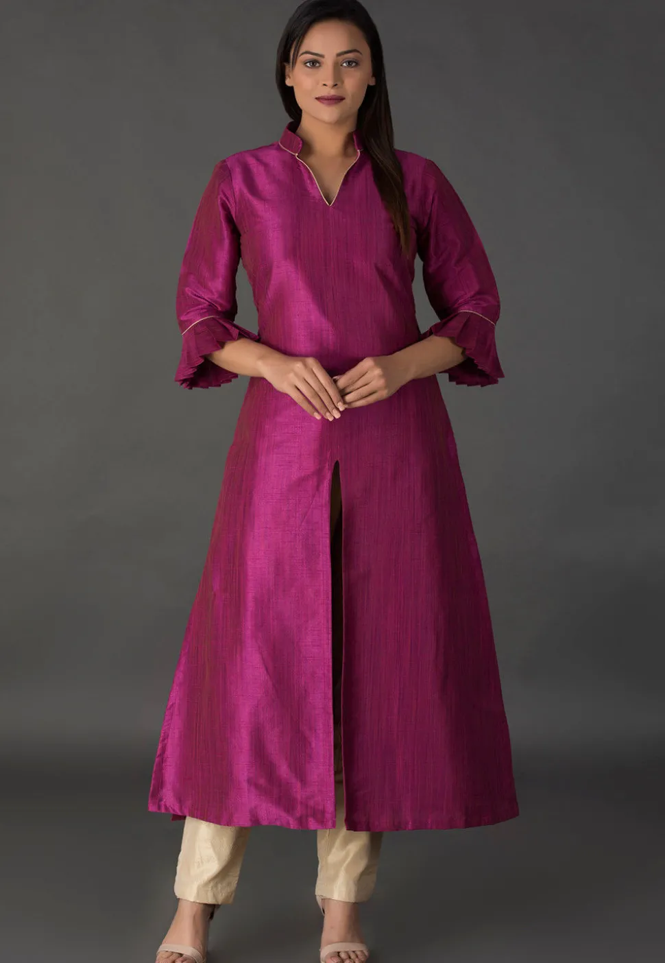 Plain Bhagalpuri Silk Front Slit Long Kurta in Magenta