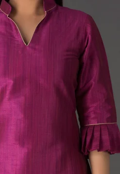 Plain Bhagalpuri Silk Front Slit Long Kurta in Magenta