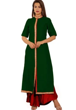 Plain Bhagalpuri Silk Straight Kurta in Dark Green