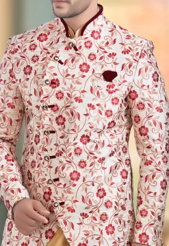 Plain Brocade Jodhpuri Suit in Off White