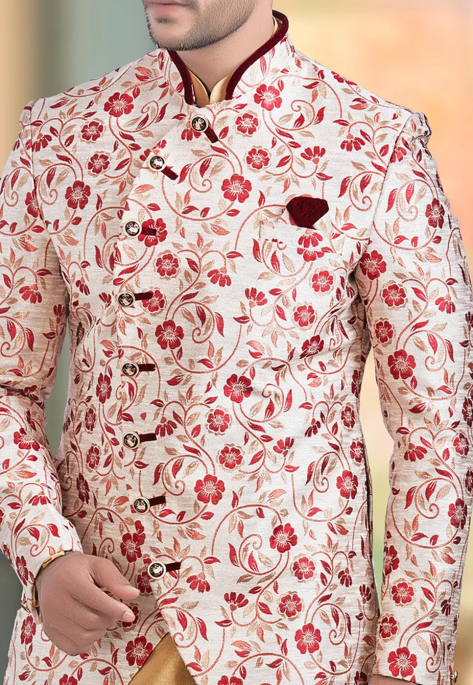 Plain Brocade Jodhpuri Suit in Off White