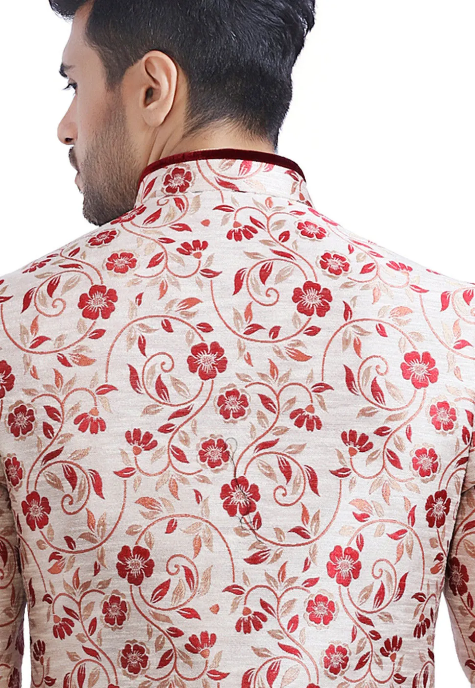Plain Brocade Jodhpuri Suit in Off White