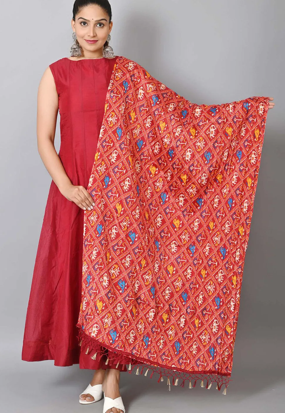 Plain Chanderi Anarkali Suit with Patola Dupatta in Maroon