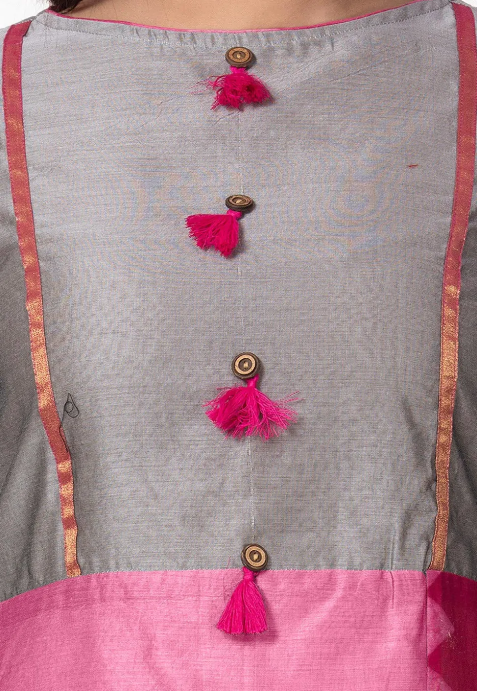 Plain Chanderi Cotton A Line Suit in Pink and Grey