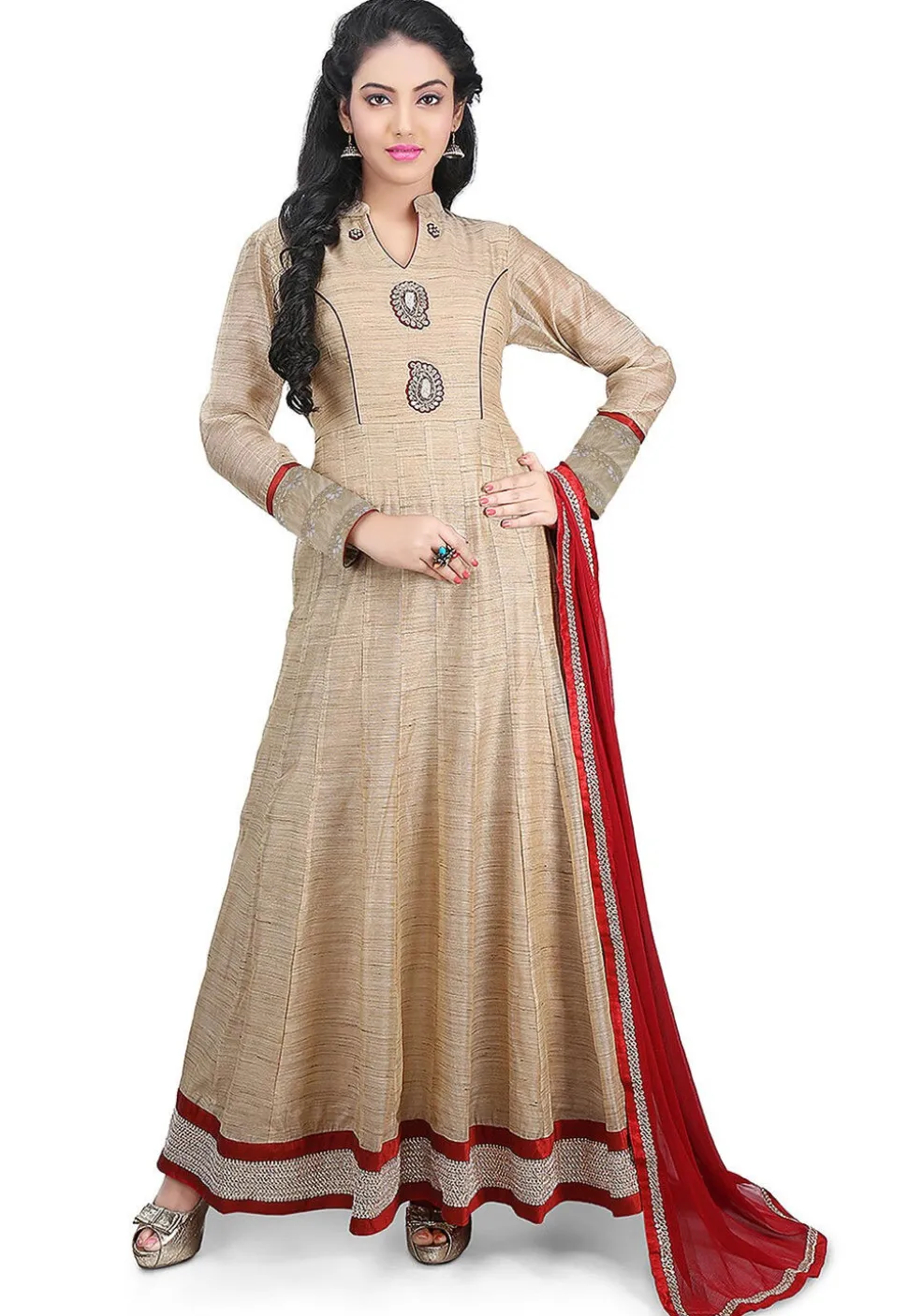 Plain Chanderi Cotton Abaya Style Suit in Dark Beige