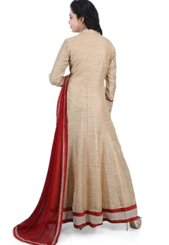 Plain Chanderi Cotton Abaya Style Suit in Dark Beige