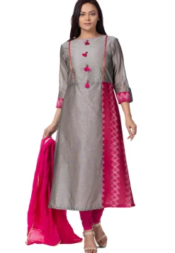 Plain Chanderi Cotton Straight Suit in Grey
