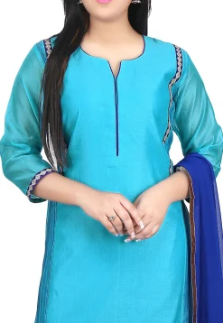 Plain Chanderi Cotton Straight Suit in Turquoise