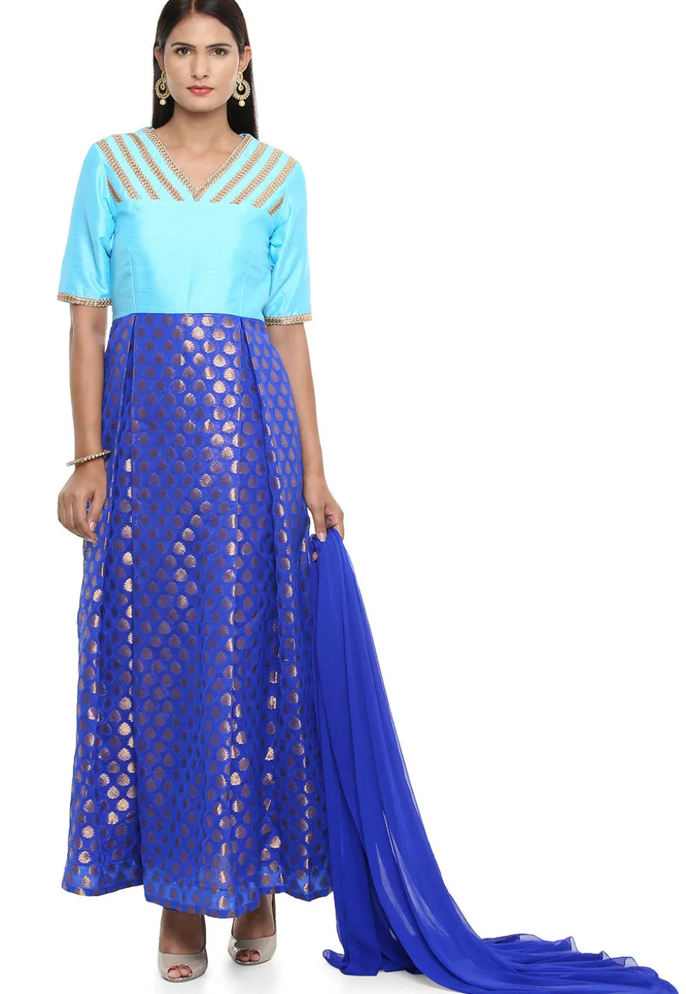 Plain Chanderi Jacquard Abaya Style Suit in Blue