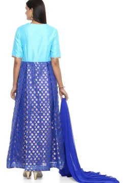 Plain Chanderi Jacquard Abaya Style Suit in Blue