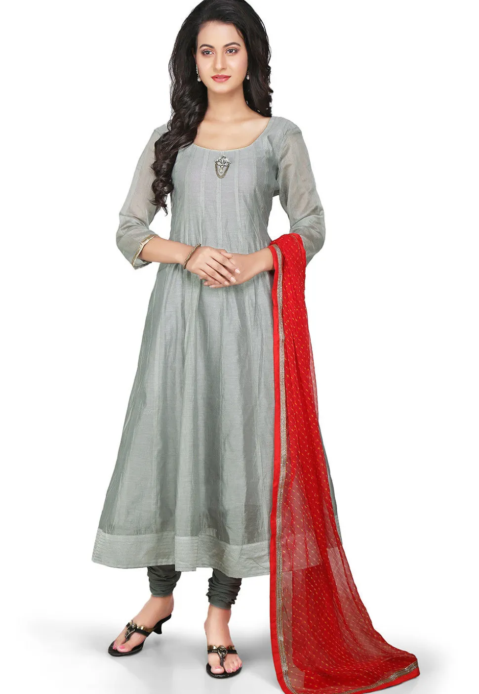 Plain Chanderi Silk Anarkali Suit in Grey